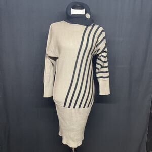 Vtg Dressy Tessy Womens SM Taupe Sweater Dress Turtleneck Asymmetric Stripe Blk